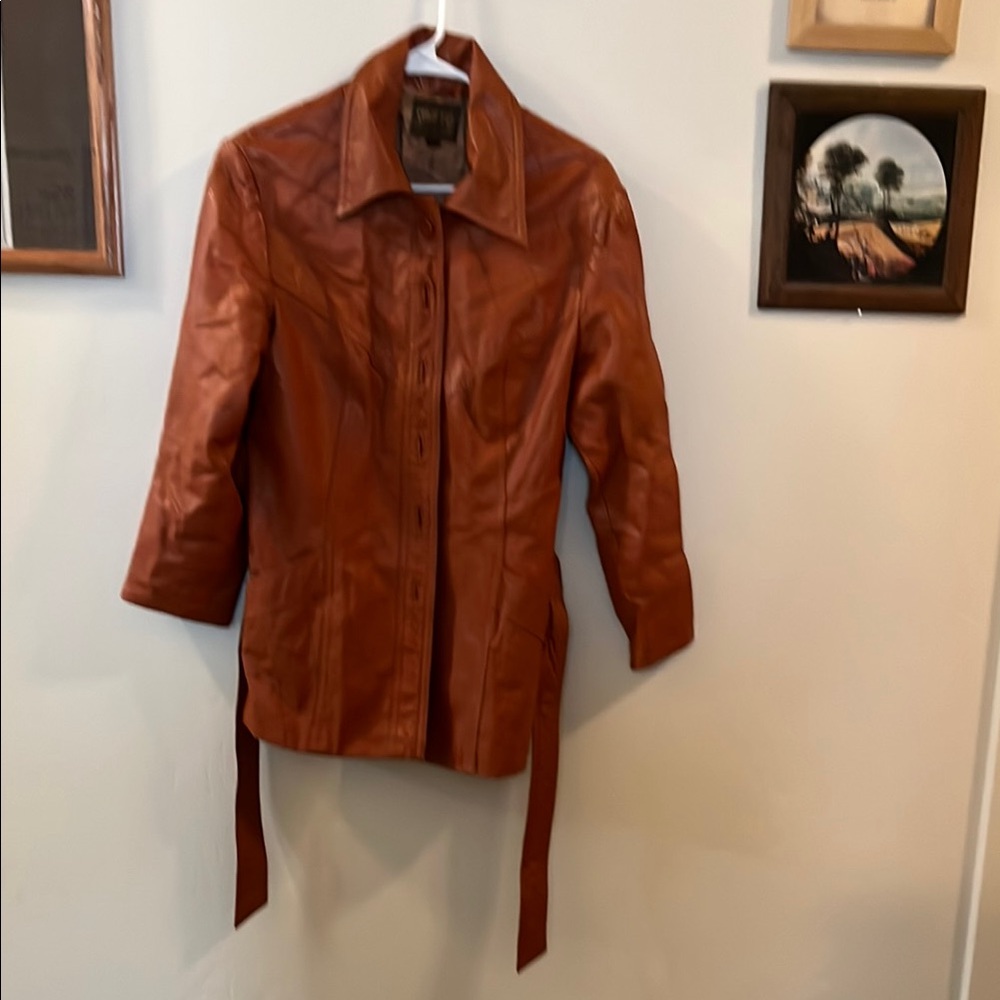 Brown Leather Jacket with Zipper and Belt